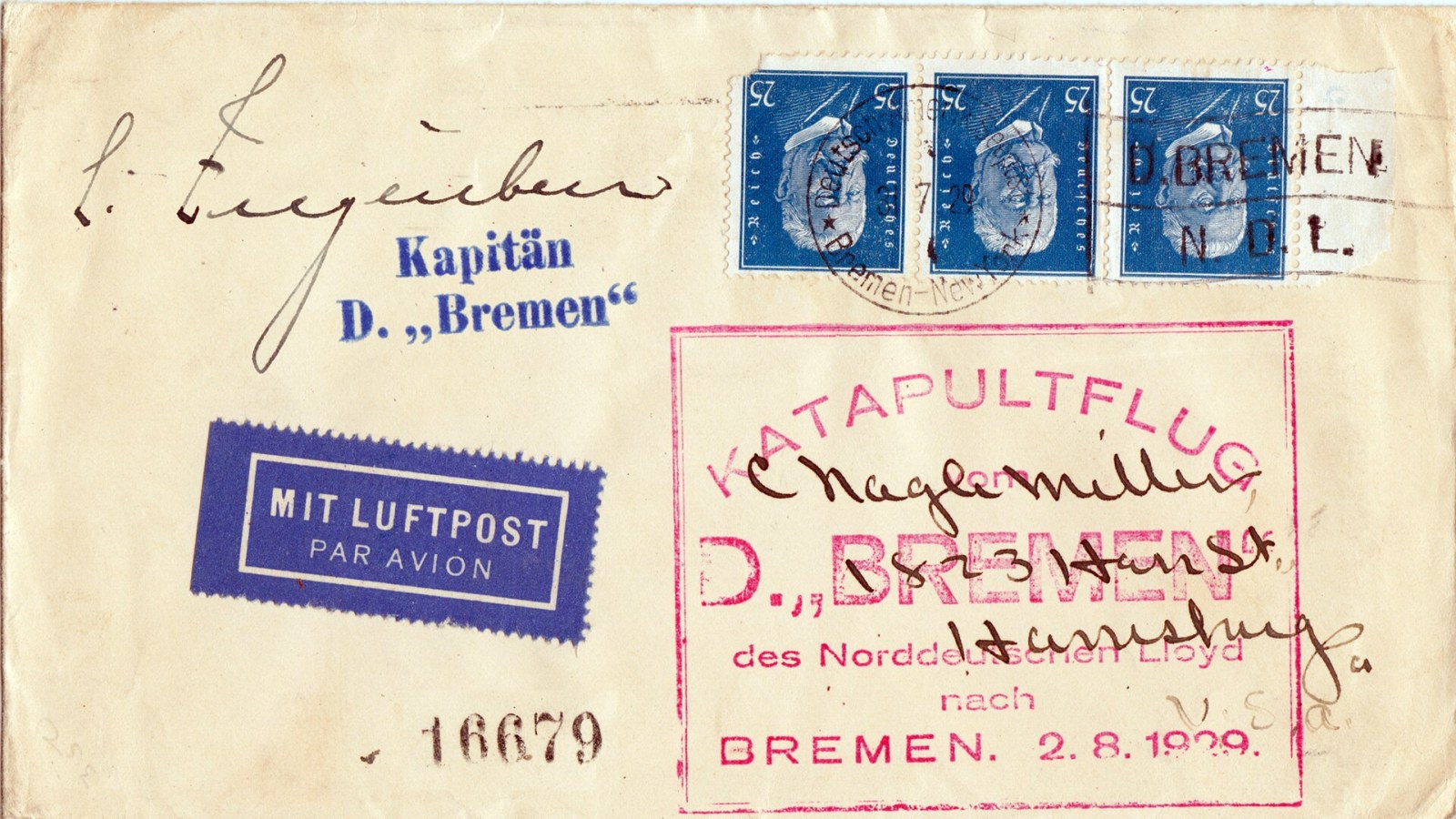 17. Le « Bremen » a lancé son courrier depuis le pont à l'aide d'un canon à air comprimé