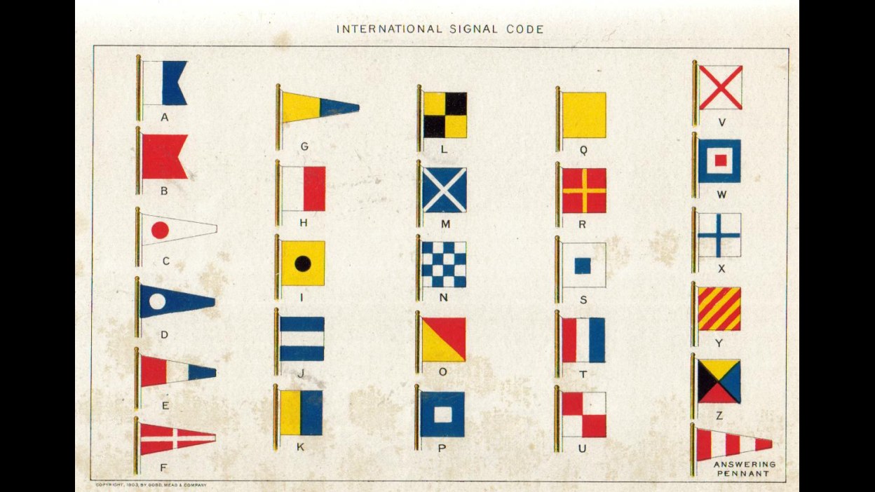 20. Broches en forme de drapeaux de signalisation représentant des amoureux de la marine formant le mot « Love »