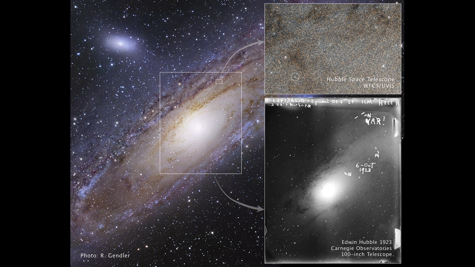 16. Edwin Hubble écrit « VAR » sur une photographie d'Andromède