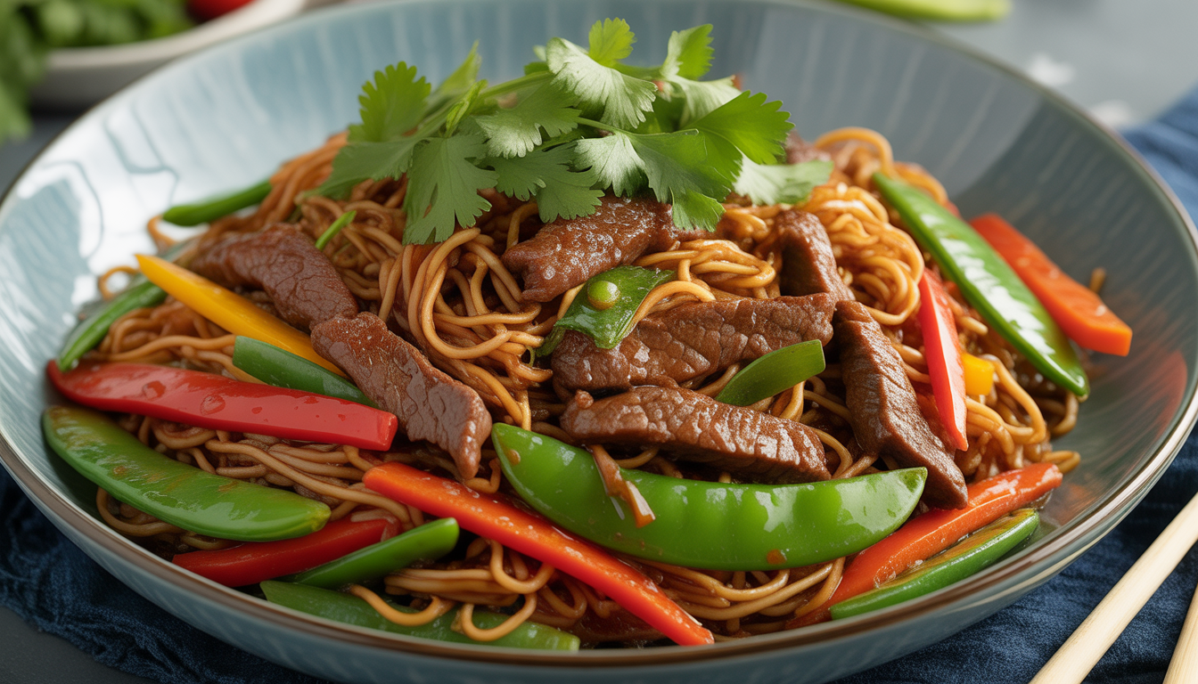 12. Stir-fried noodles with beef and vegetables